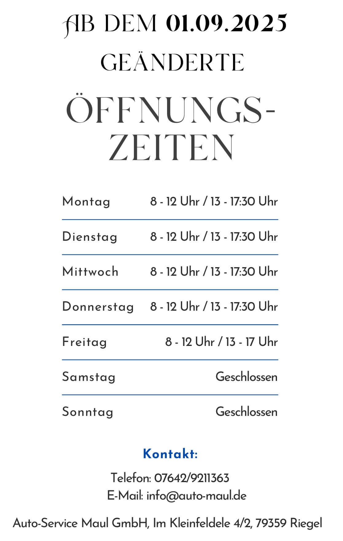 Bild zu geänderte Öffnungszeiten bei Auto-Service Maul